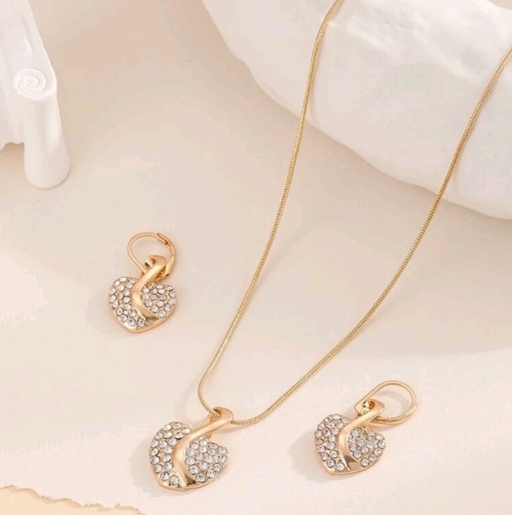 3pcs Rhinestone Heart-Shaped Gold Jewelry Set with Crystal Accents - Picture 2 of 4